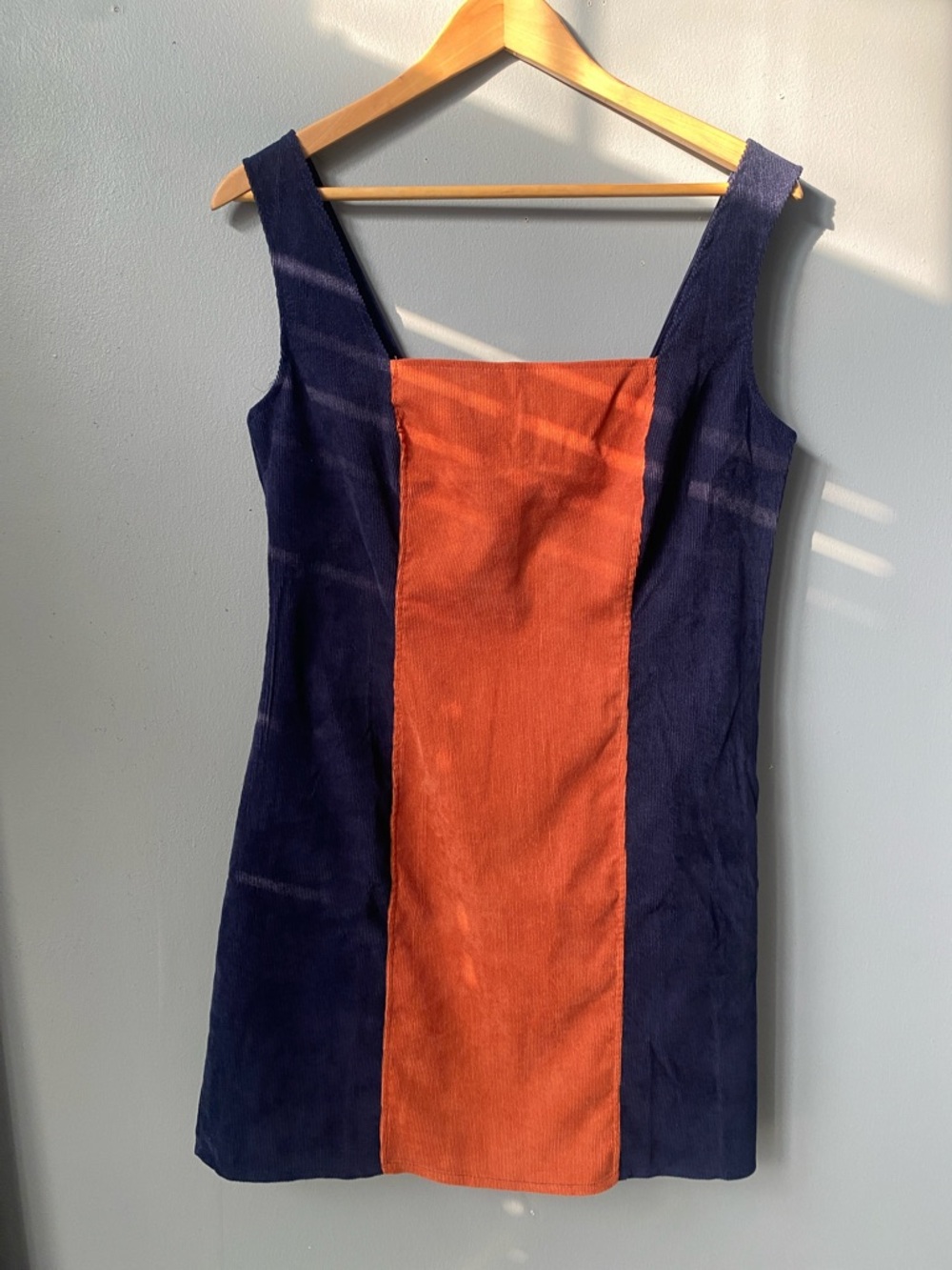 Navy and Orange Colorblock Corduroy Pinafore Dress